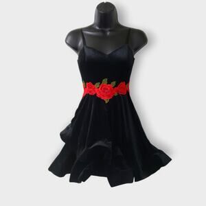 Gothic Black Velvet Red Rose Structured Mini Dress Sz‎ 0 Y2K Dark Romance Prom